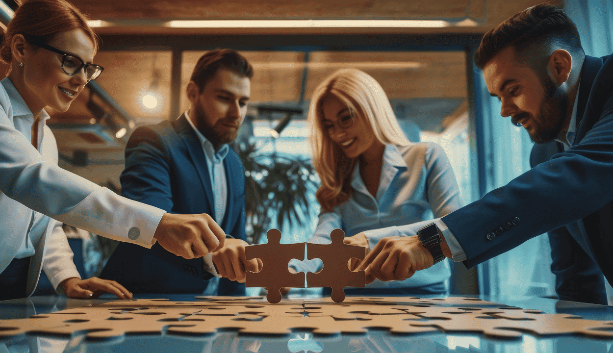 four medical executives looking at large puzzle pieces on a round table