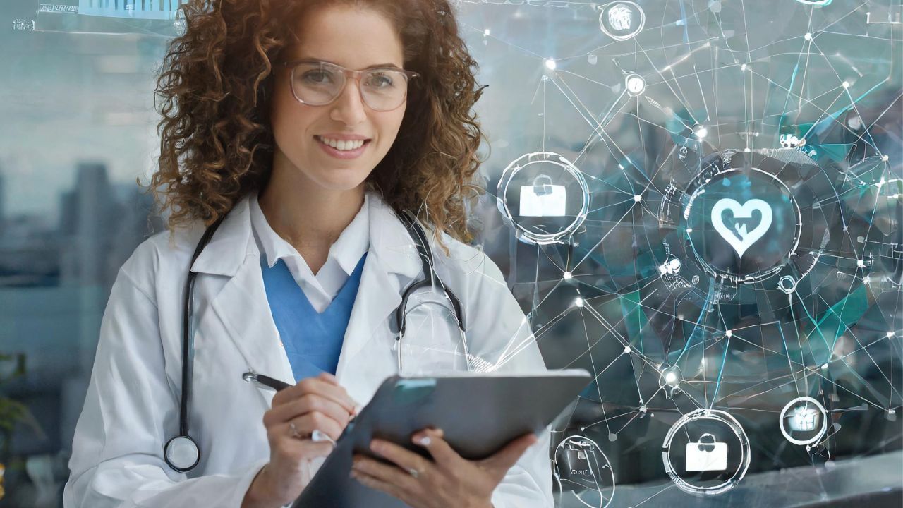 doctor looking at computer pad with data icon graphics circling around