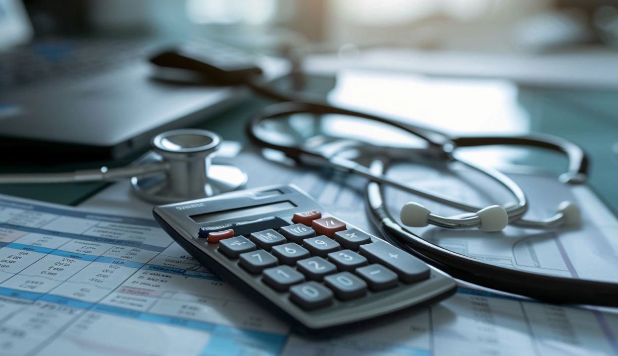 desk with invoice, calculator and stethoscope