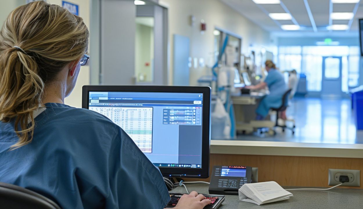 Medical assistant checking data on computer