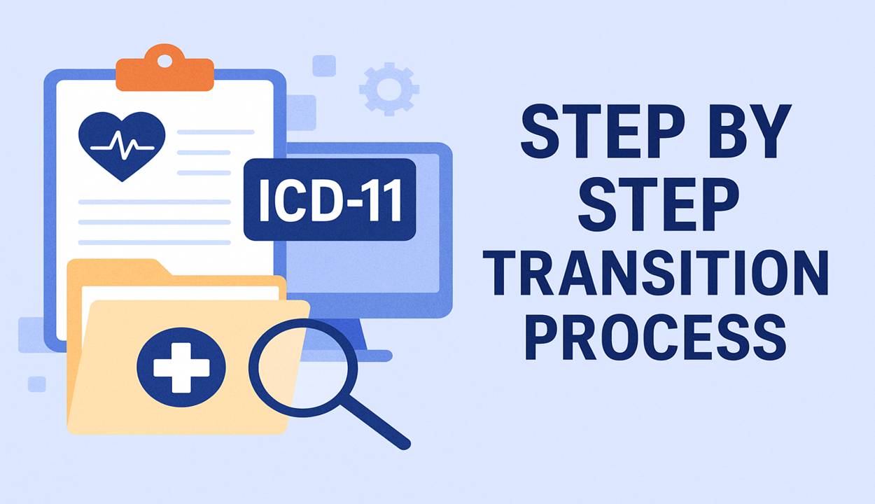 a step-by-step process for transitioning a healthcare practice from ICD-10 to ICD-11, highlighting planning, training, and implementation phases.