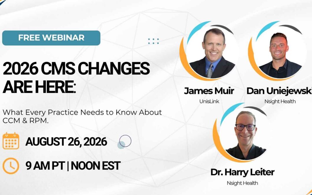 Webinar graphic titled "2026 CMS Changes Are Here: What Every Practice Needs to Know About CCM/RPM" including headshots of speakers.